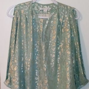 DIANAvonFURSTENBERG. Astor Metallic-print Top In Teal Silk Blouse. Size 4